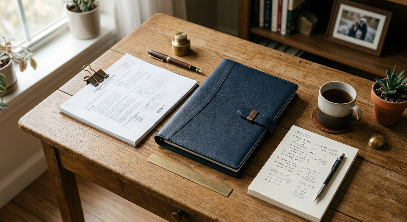 A solicitation document on a desk beside a fountain pen and navy folio